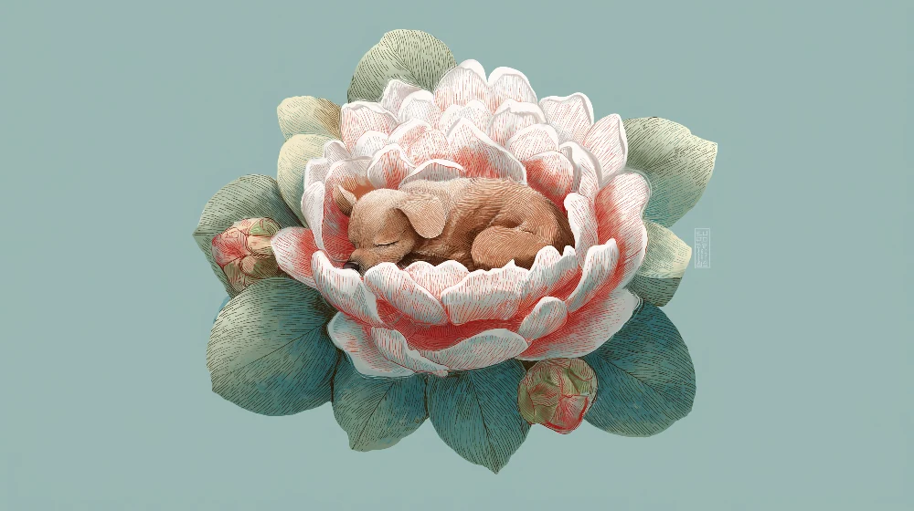 Tapet barnerom | Valp sover i en delikat blomst