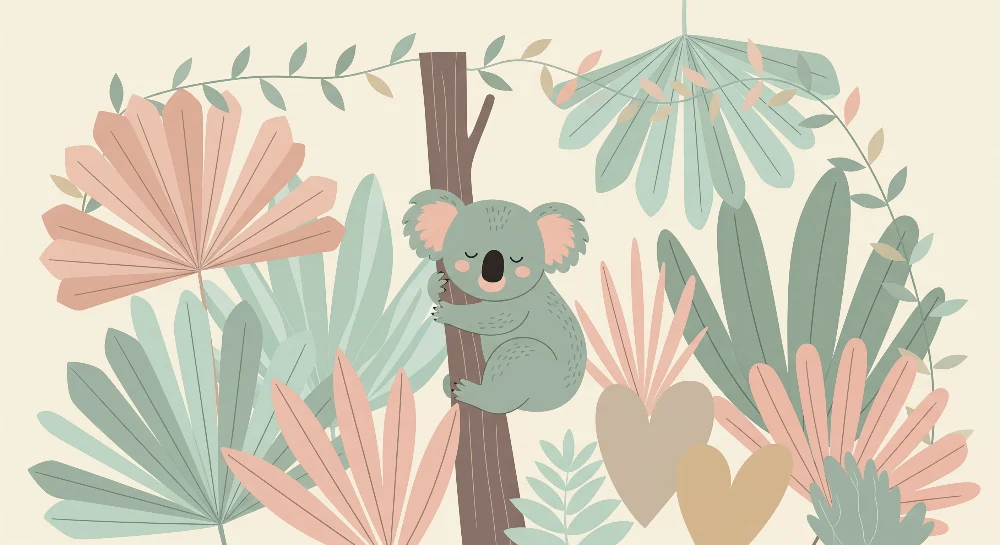 Veggissett barnesengemur | Søt koala i pastelløvverk