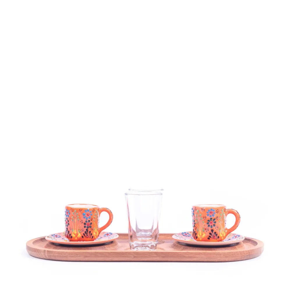 Tyrkisk keramisk håndlaget kaffesett på to med brett - oransje