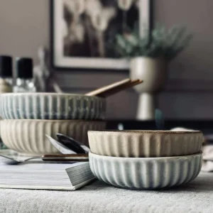 Skål VIGA stripet stentøy - Matt brun 12 cm