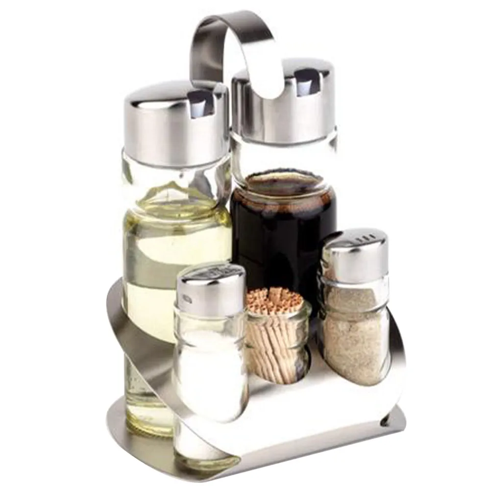 (6 stk) cruet - PRO - stativ i rustfritt stål - inkl. 5 glassbeholdere