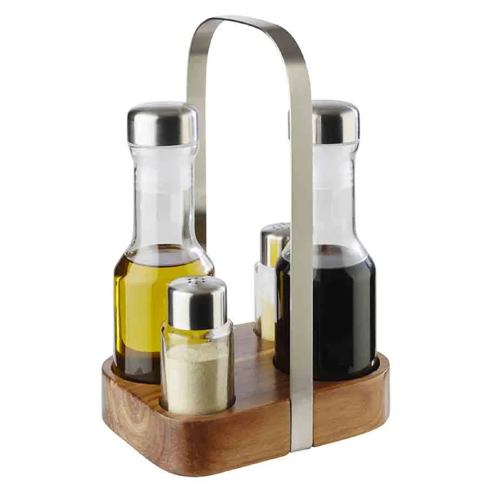 (6 stk) cruet - TRE - stativ i tre - inkl. 4 glassbeholdere