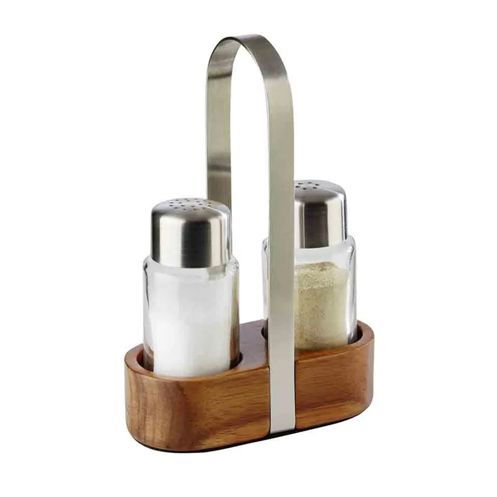 (6 stk) cruet - TRE - stativ i tre - inkl. 2 salt- og pepperbøsser