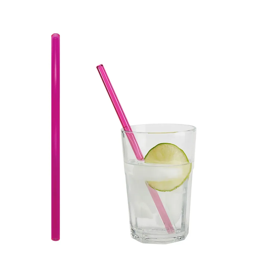 (50 stk.) Drikkesugerør av glass - 200 mm - ø 8 mm - neonrosa - inkl. 1 rengjøringsbørste