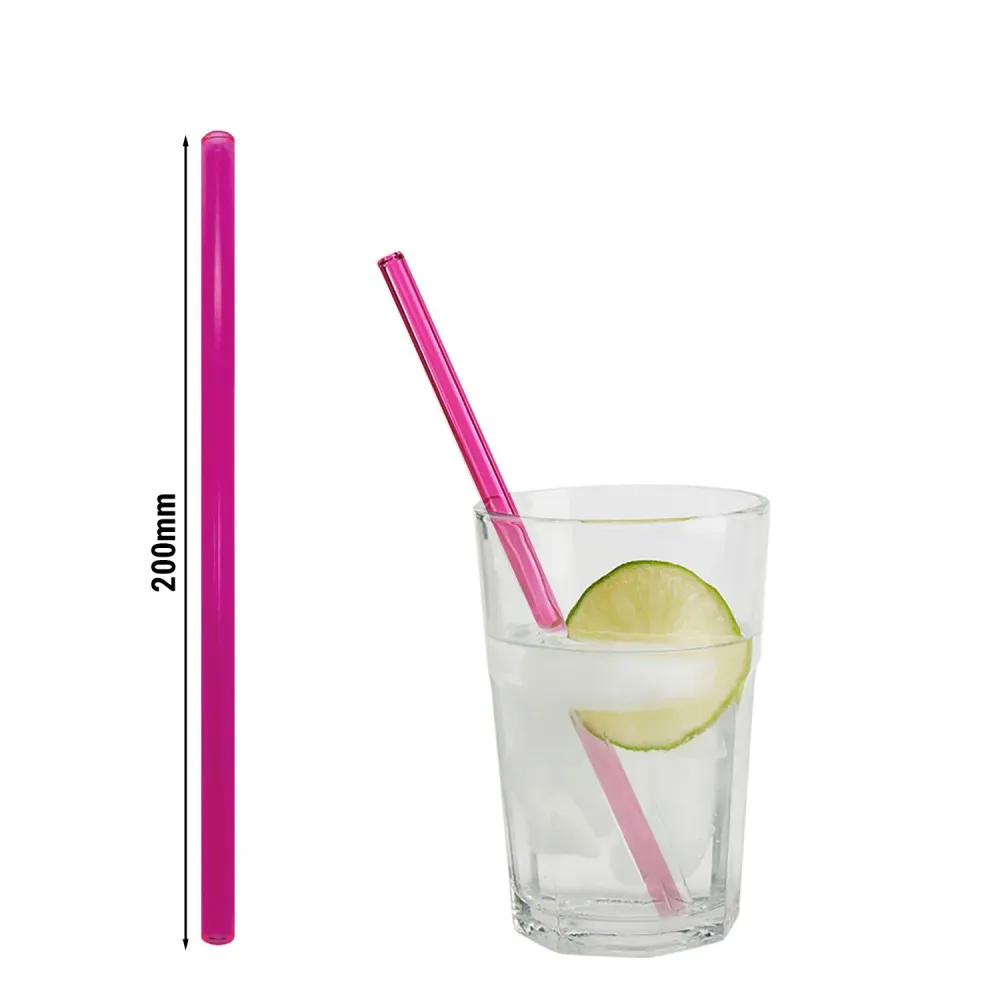 (50 stk.) Drikkesugerør av glass - 200 mm - ø 8 mm - neonrosa - inkl. 1 rengjøringsbørste