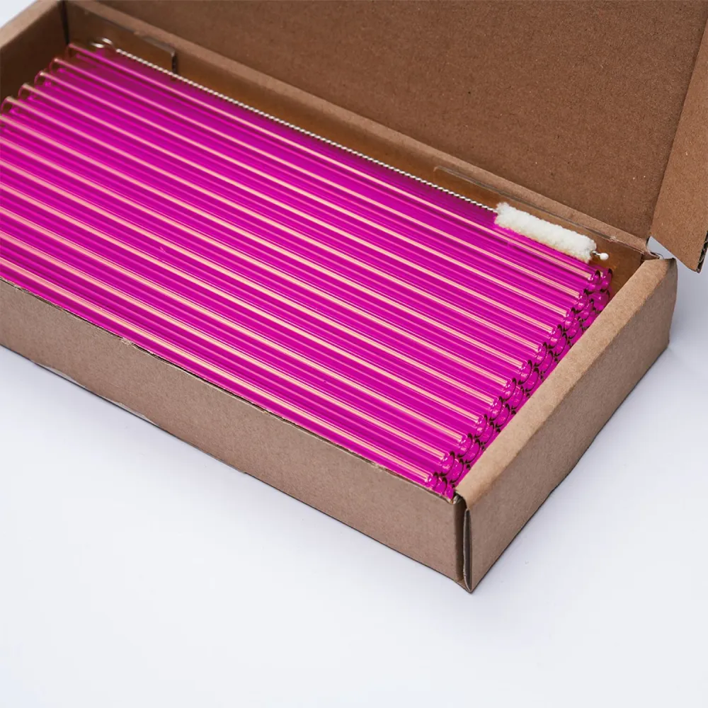 (50 stk.) Drikkesugerør av glass - 200 mm - ø 8 mm - neonrosa - inkl. 1 rengjøringsbørste
