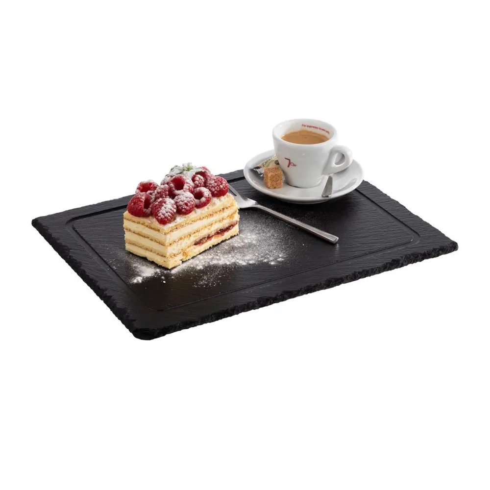 (6 stk.) Naturskiferplate - 330x240mm - med 1 hæl Ø 60mm & saftspor - svart