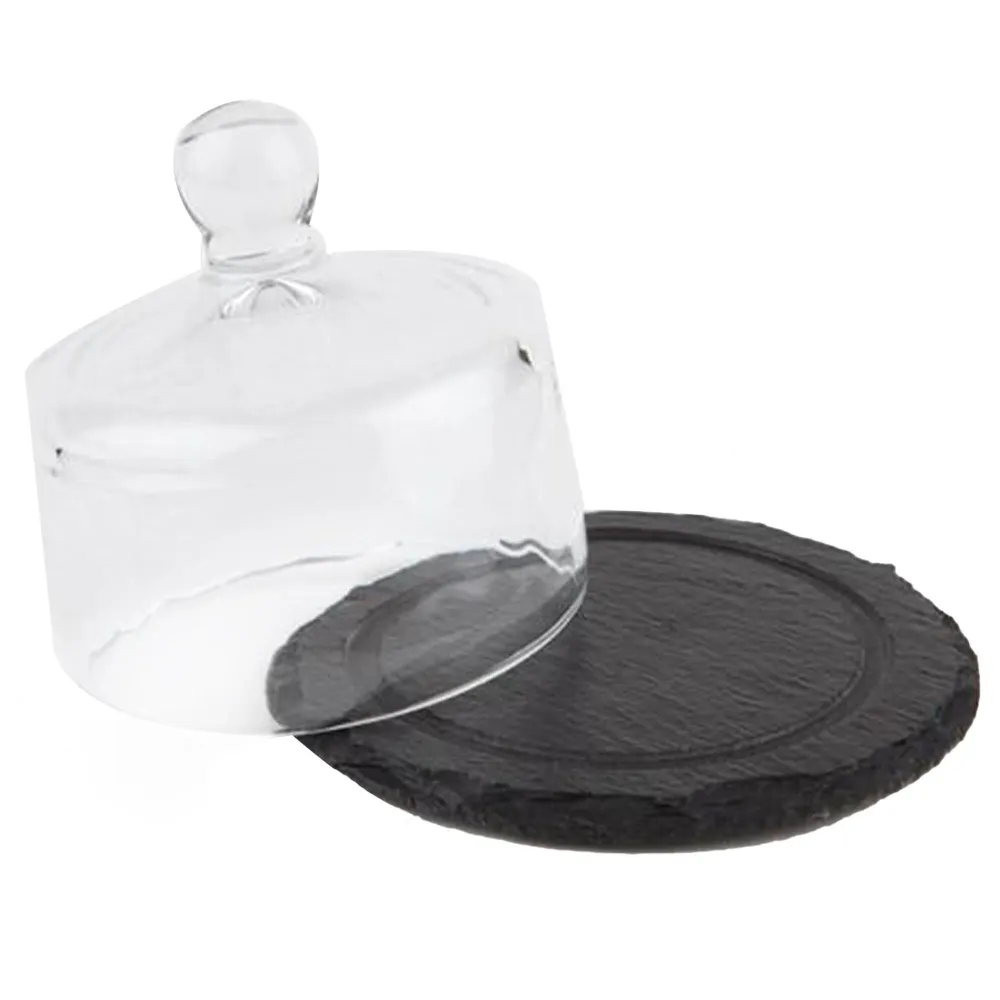 (6 stk.) Naturskiferplate med glassdeksel - 2-delt sett - Ø 105 mm - høyde: 95 mm