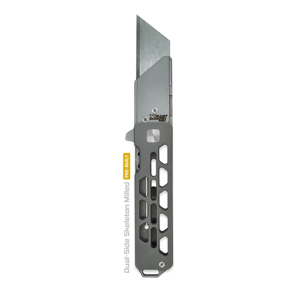 Exceed Designs TiRant RAZOR V3 Utility Knife, (Stonewashed 6AL-4V Titanium) Dual-SIde Milled SKELETON Edition
