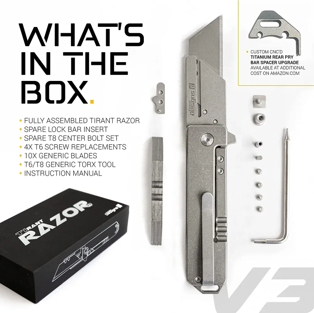 Exceed Designs TiRant RAZOR V3 Utility Knife, (Stonewashed 6AL-4V Titanium) Dual-SIde Milled SKELETON Edition