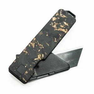 Exceed Designs TiRant RAZOR V3 Utility Knife, (Jet-Black 6AL-4V Titanium) RH-SIDE Forged Carbon Fiber GOLD FLAKE Edition