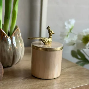 Krukke med lokk – Beige med fugl i gull
