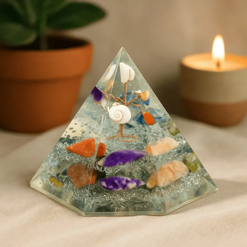Orgonitt Pyramide 7-Sidet Edelsten Visdomstre 90 mm