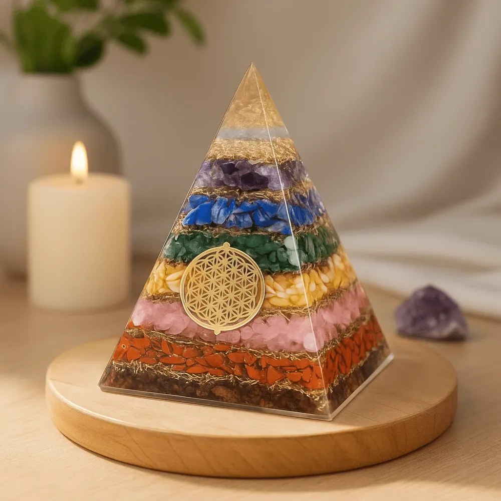 Orgonitt Pyramide 7 Chakra Livets Blomst 70mm