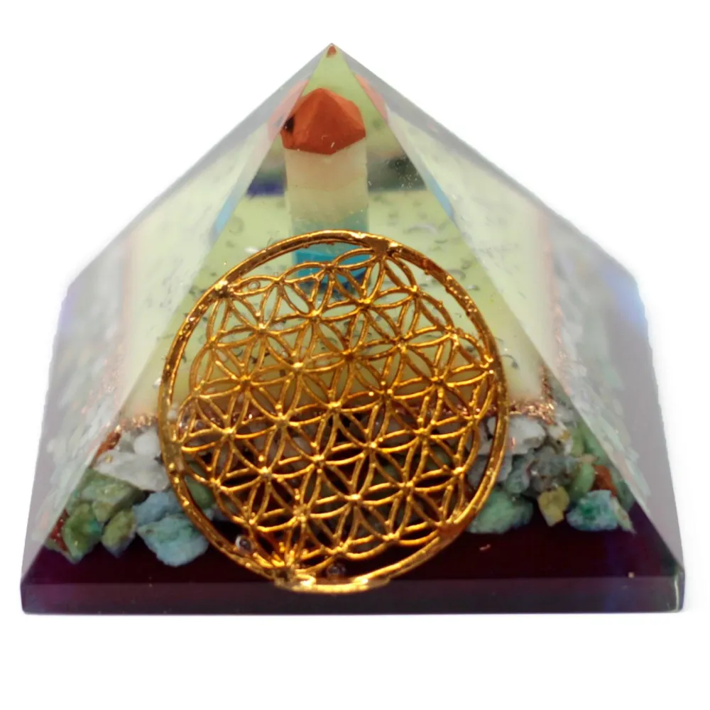 Orgonitt pyramide, Livets blomst kobber edelstener 80mm
