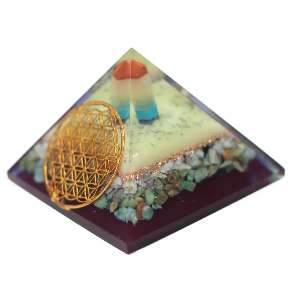 Orgonitt pyramide, Livets blomst kobber edelstener 80mm