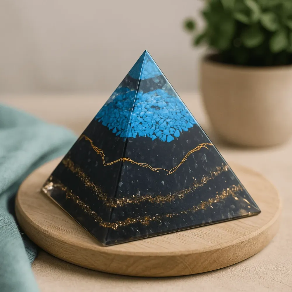 Orgonitt pyramide turkis og svart turmalin 70 mm