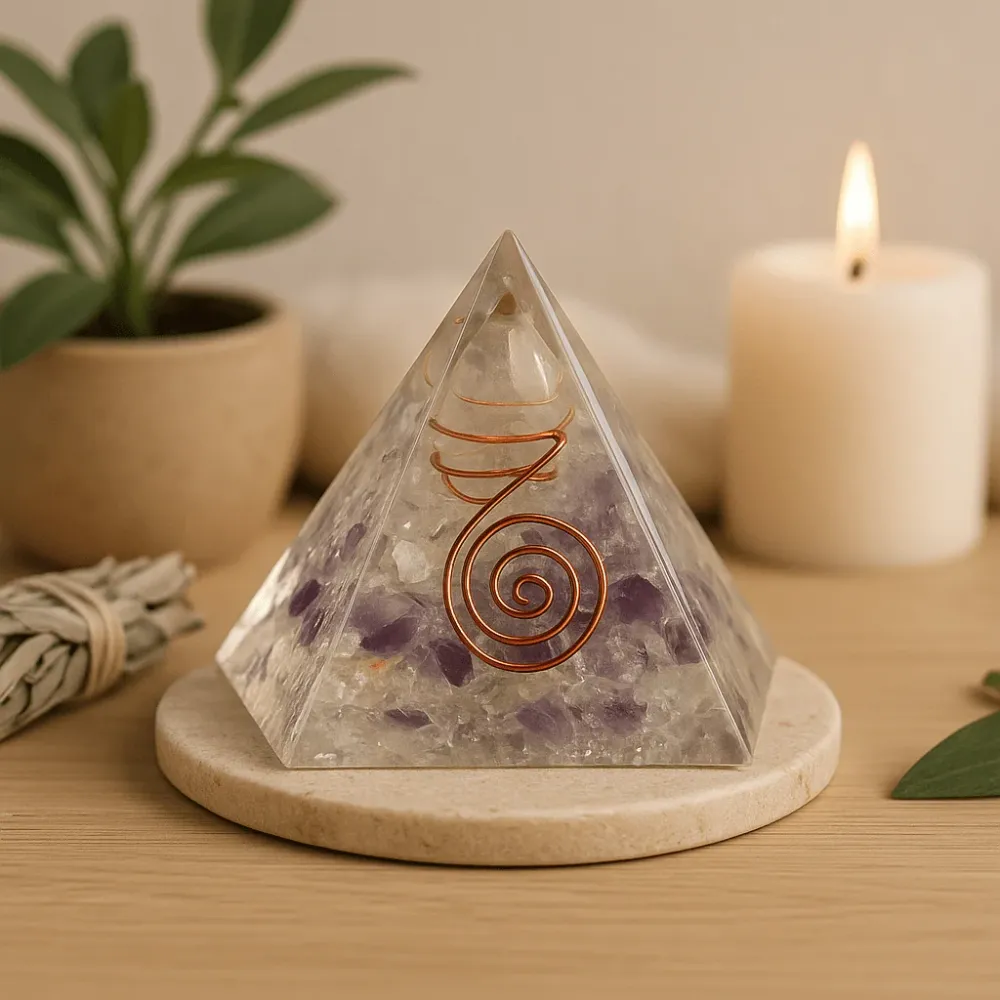 Orgonitt-pyramide med krystaller og kobber, 55mm