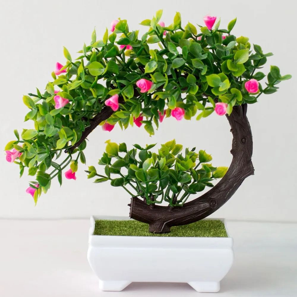 Kunstig Rosa Buet Sweet Plum Bonsai i Hvit Plastpotte 19cm
