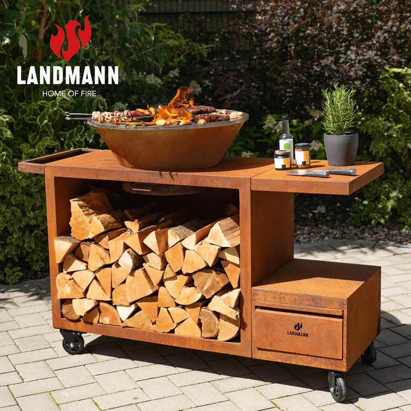 Landmann Fire fat i cortenstål med vedlager