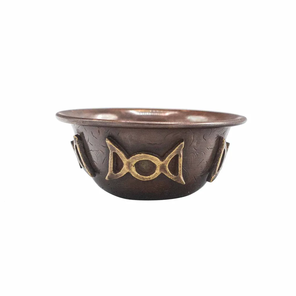 Antikk kobber rituell bolle trippel måne, 8x4cm
