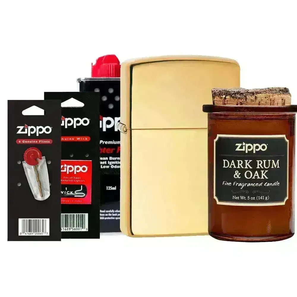 Zippo Pakkesett - Polert Messing Zippo med Lys og Tilbehør