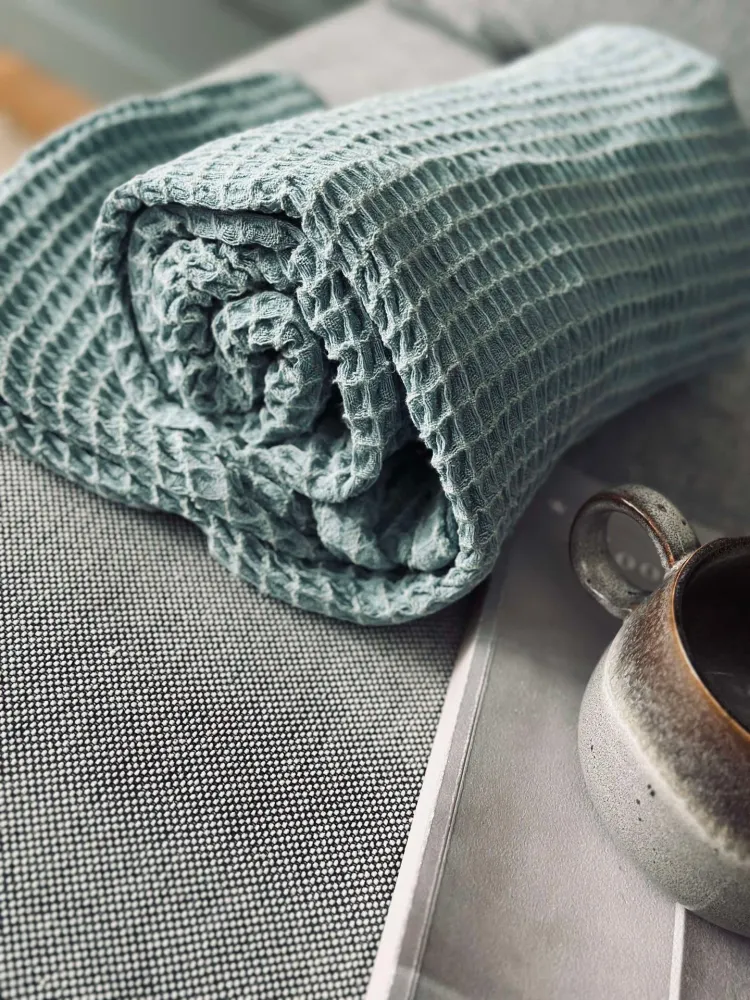 Pledd Stone-washed Vafflet Bomull - Petrol