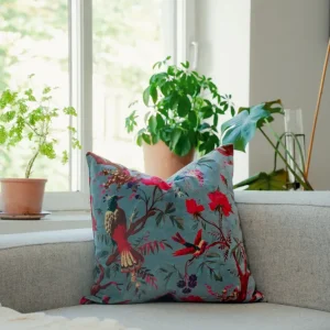 Velour lys blågrå med fugler