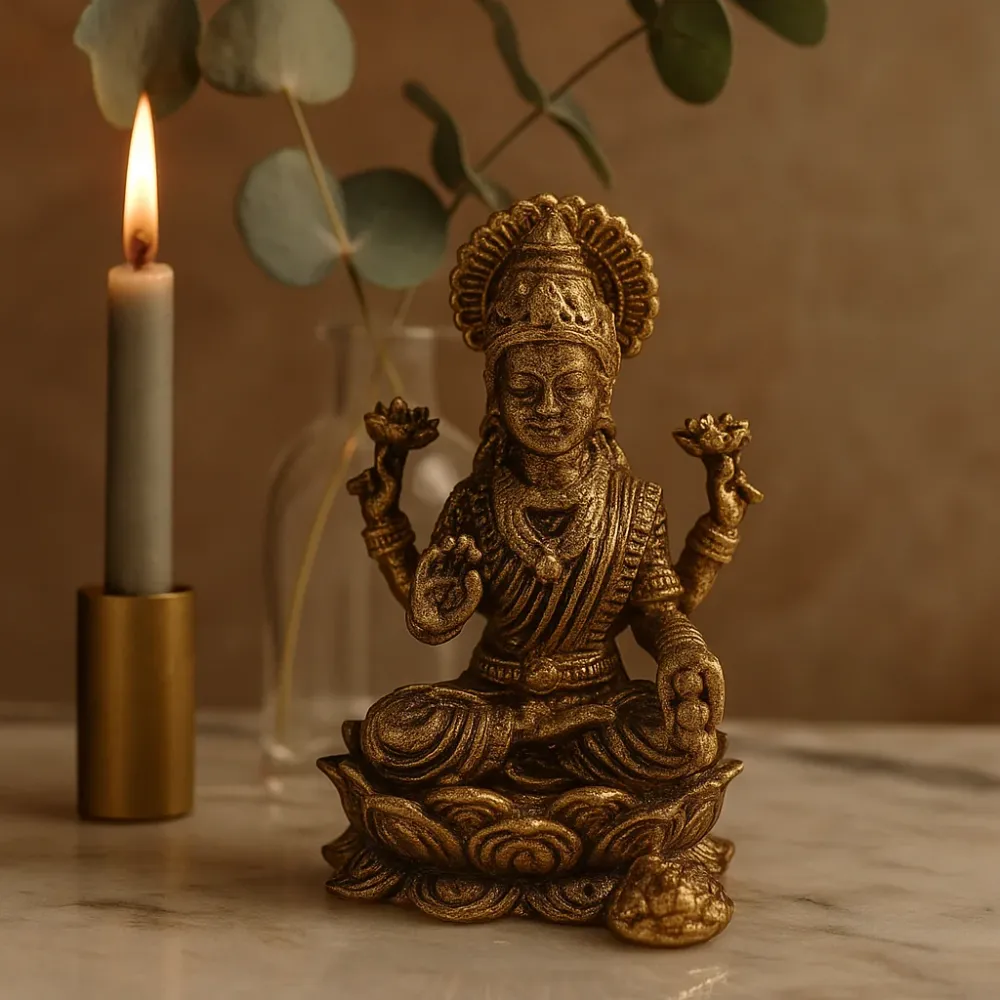 Antikk messing gudinne Lakshmi Laxmi miniatyridol 30mm