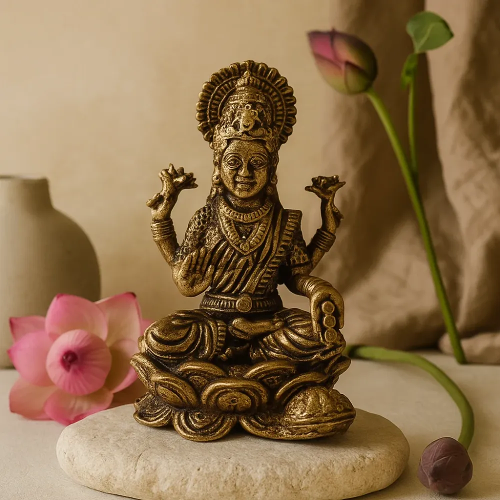 Håndlaget messing gudinne Lakshmi statue mini 37mm