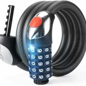 Sykkellås med kabel, 5-sifret kombinasjon og LED-lys