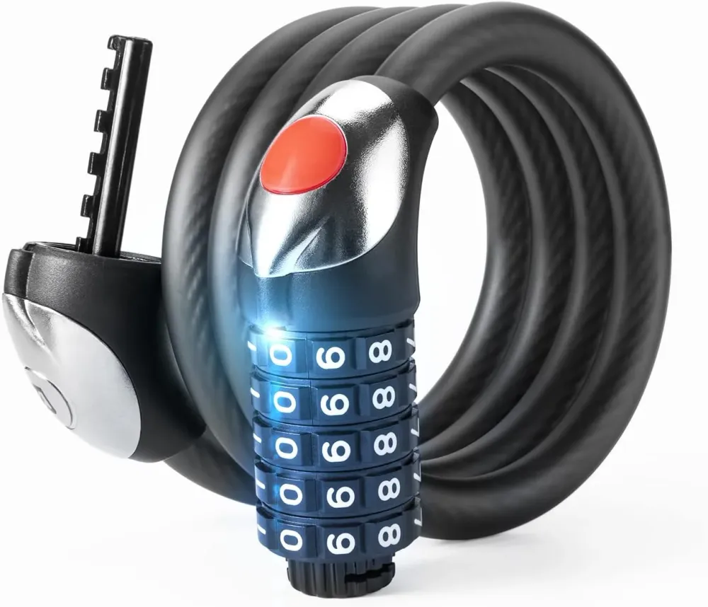 Sykkellås med kabel, 5-sifret kombinasjon og LED-lys