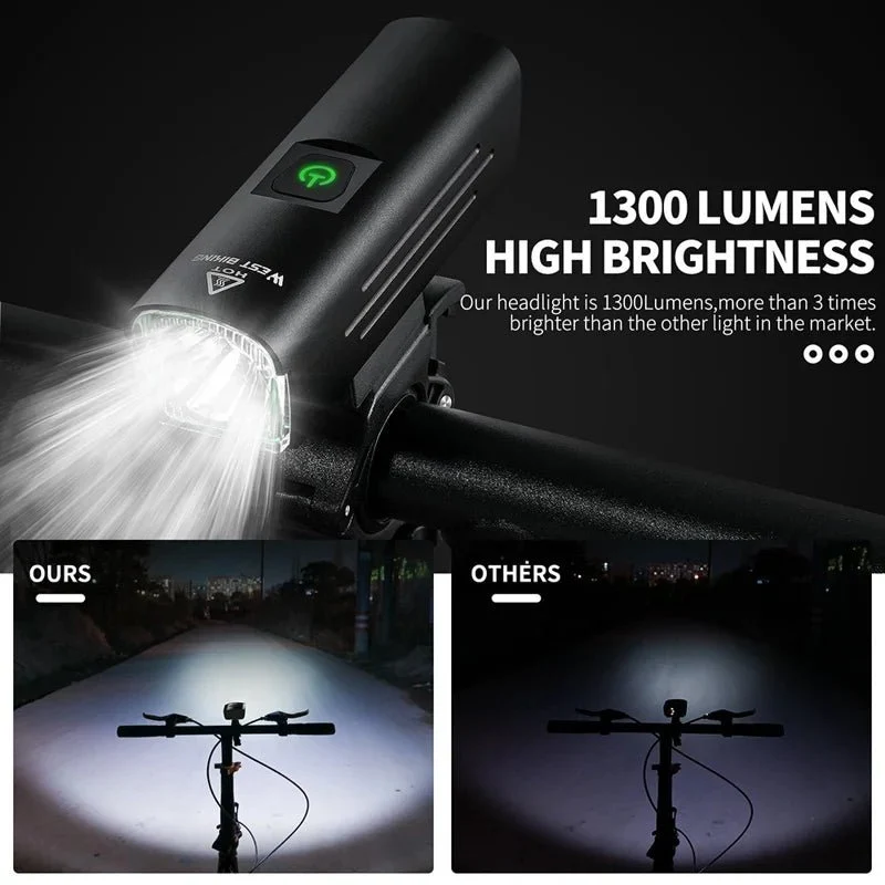 1300LM fjellsykkellykt, oppladbar USB-lommelykt