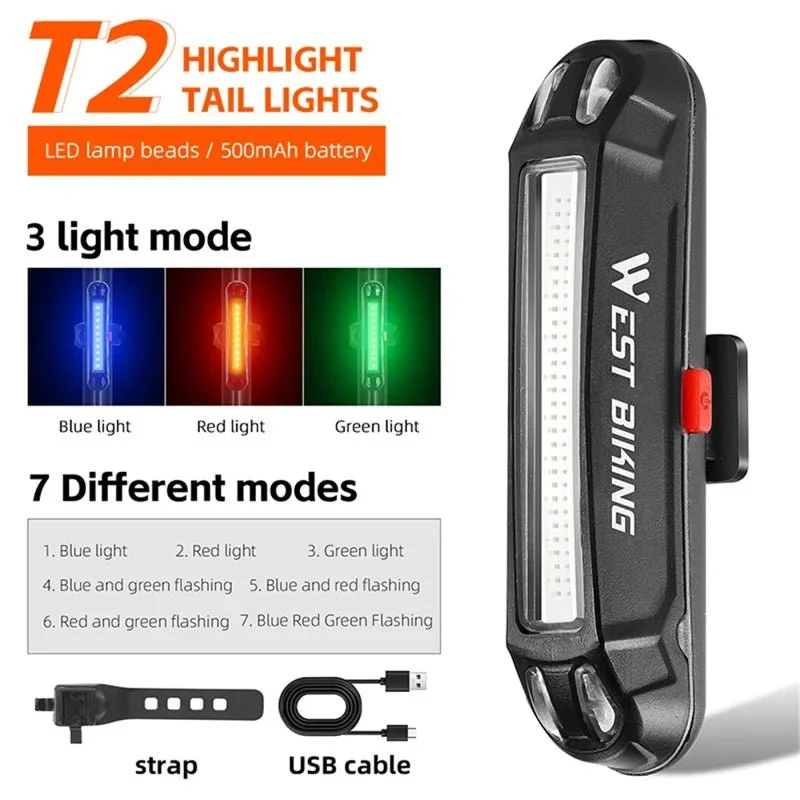 Lyssterk LED-sykkel baklys med USB, sykkelvarsellampe - T2