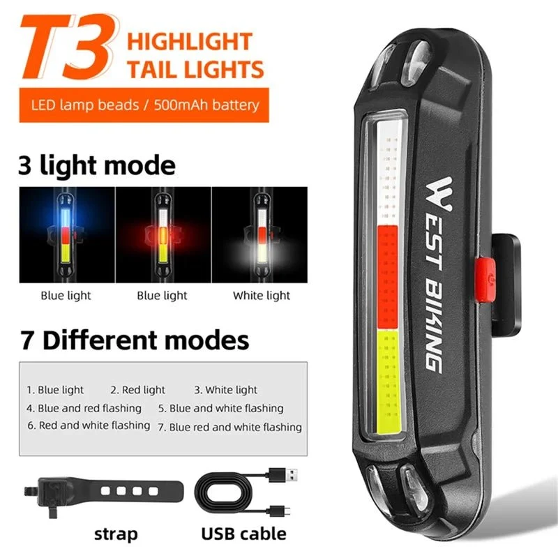 Lyssterk LED-sykkel baklys med USB, sykkelvarsellampe - T3