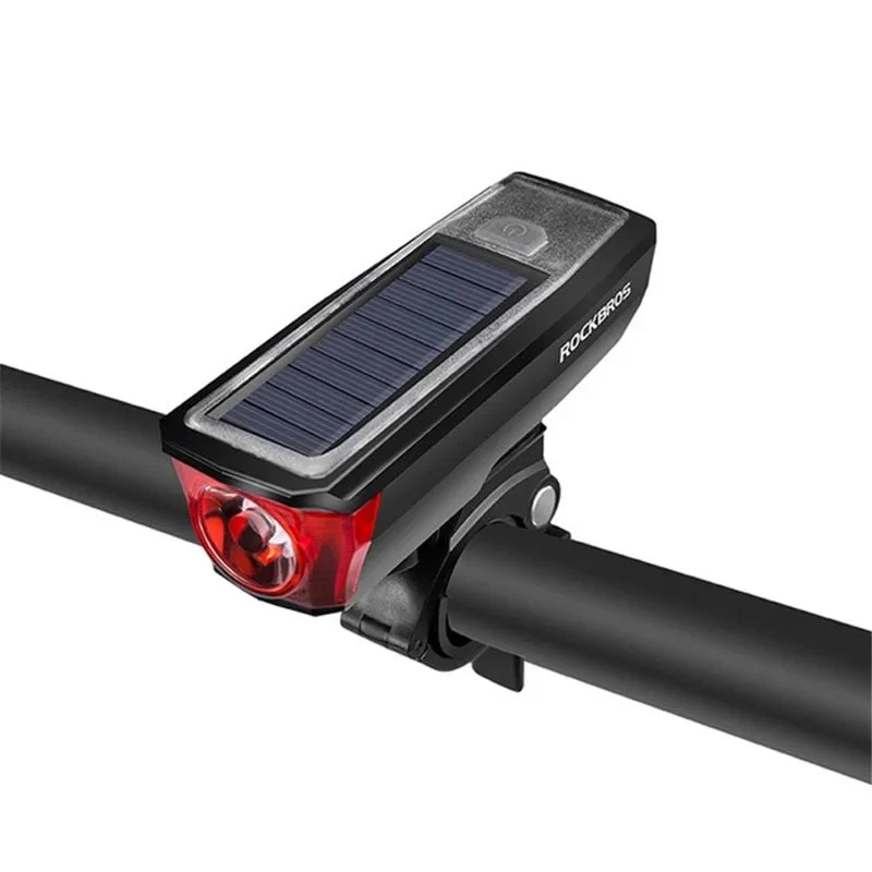 Solcelledrevet sykkellykt med batterilader og ringeklokke