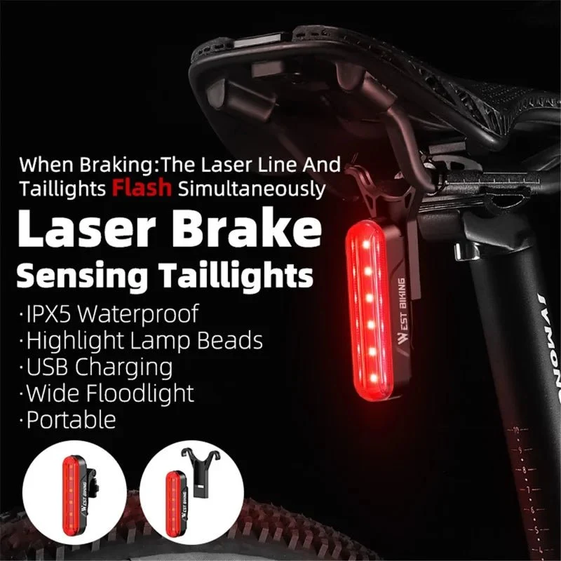 Sykkel baklys med lasersensor brems, 5 moduser intelligent brems