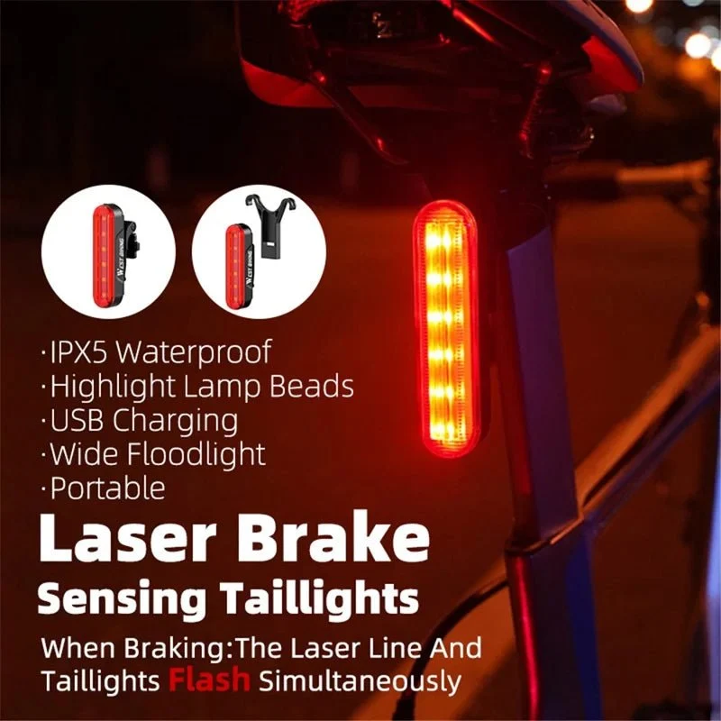 Sykkel baklys med lasersensor brems, 5 moduser intelligent brems