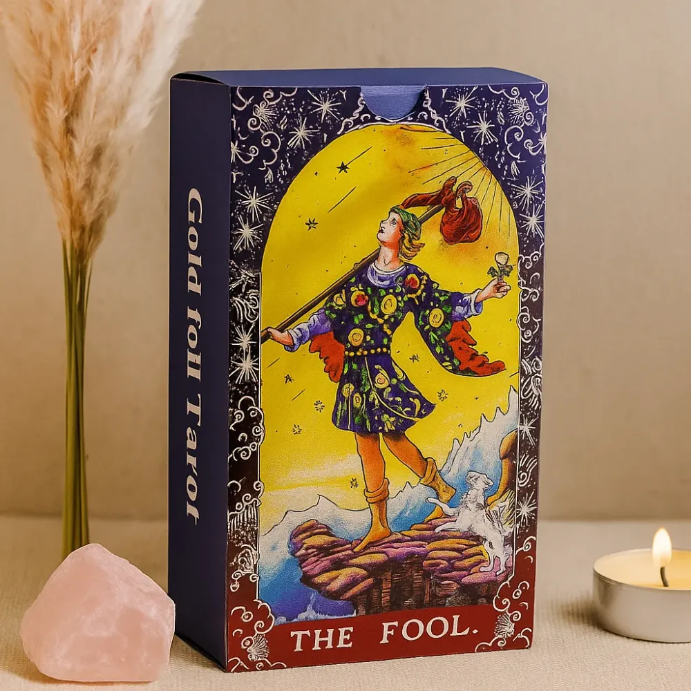 Blått gullfolie mandala tarotkort med guidebok