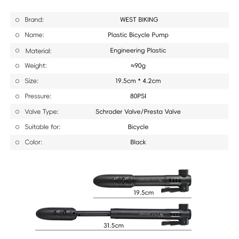 Bærbar sykkelpumpe 80PSI mini plast